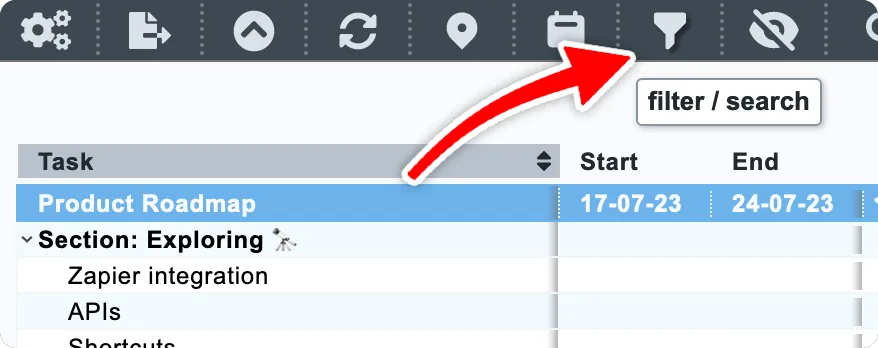 The filter button can be found in the top menu in Ganttify
