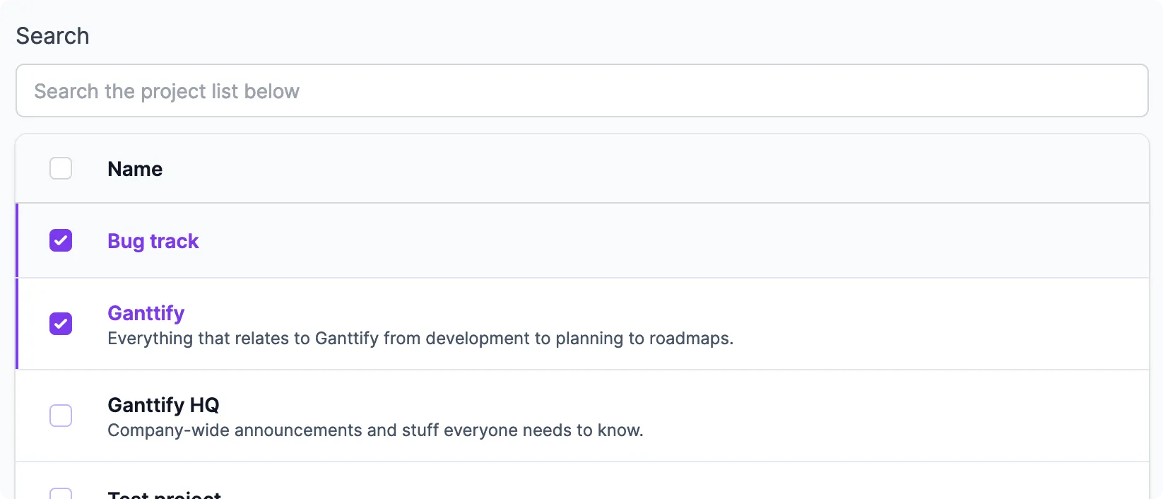 Click the project row to select it. You can select multiple projects to create a combined Gantt chart.