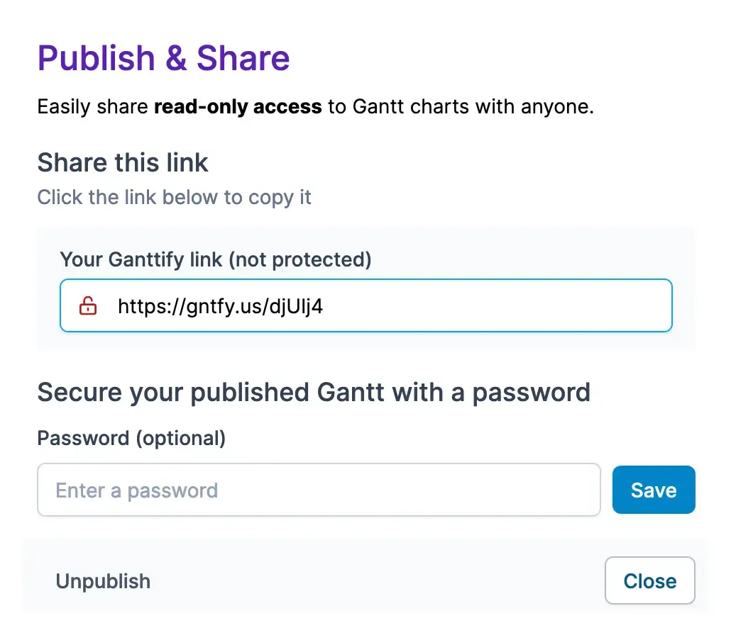 The Publish & Share dialog shows your shareable link, password settings, and unpublish option.