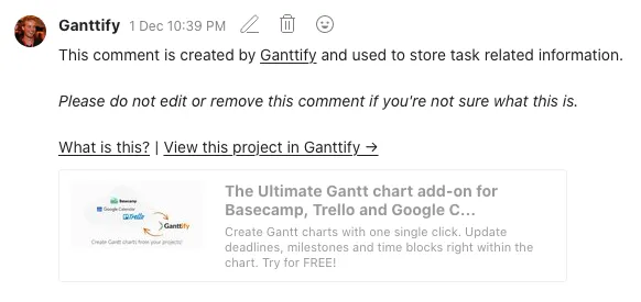 Example of a comment created by Ganttify